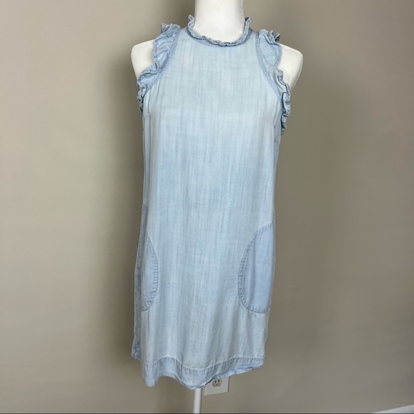 CLOTH & STONE CHAMBRAY MINI DRESS RUFFLE HALTER NECK BLUE SIZE SMALL - Picture 5 of 16